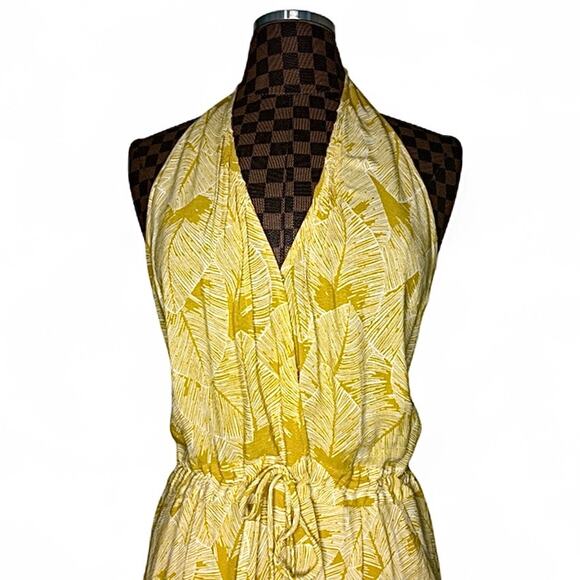 Olivaceous Yellow Halter Jumpsuit Large Split Leg Yellow Palm Print 1-Piece Boho - Picture 7 of 10